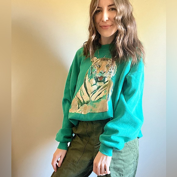 Vintage Tops - JERZEES Vintage Tiger Printed Teal Crewneck - 2X - Made In US